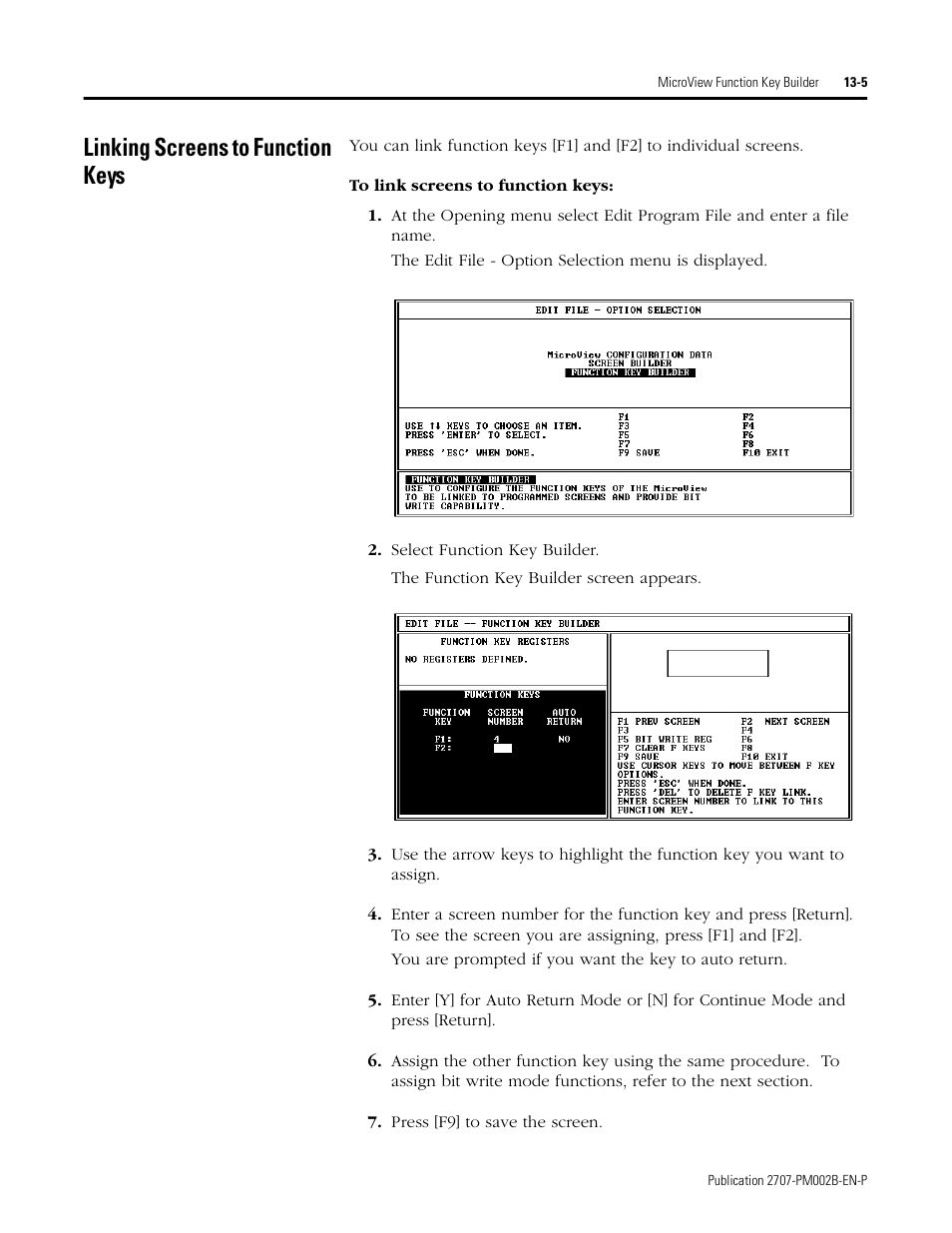 Linking screens to function keys, Linking screens to function keys -5 | Rockwell Automation 2707-NP2 MICROVIEW SOFTWARE PROGRAMMING MANUAL User Manual | Page 95 / 134