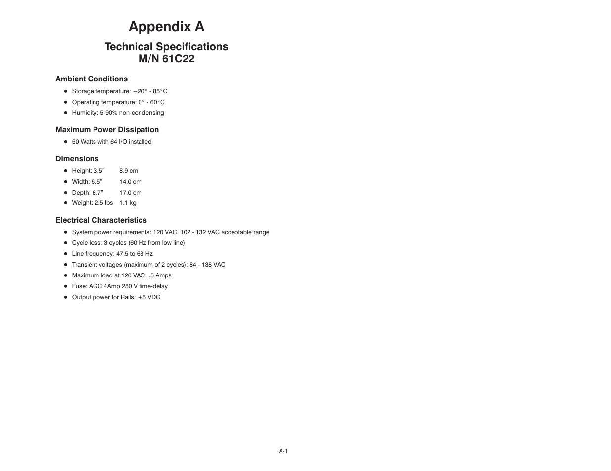 A technical specifications m/n 61c22, Appendix a, Technical specifications m/n 61c22 | Rockwell Automation 61C23 AutoMate Local I/O Head User Manual | Page 21 / 26