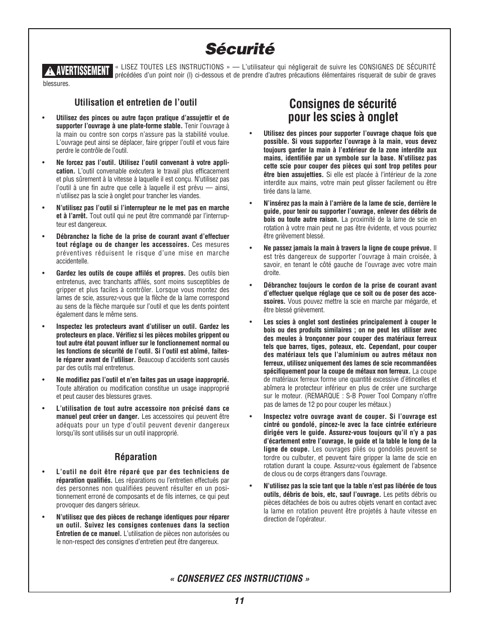 Sécurité, Consignes de sécurité pour les scies à onglet, Avertissement | Bosch 3912 User Manual | Page 11 / 84