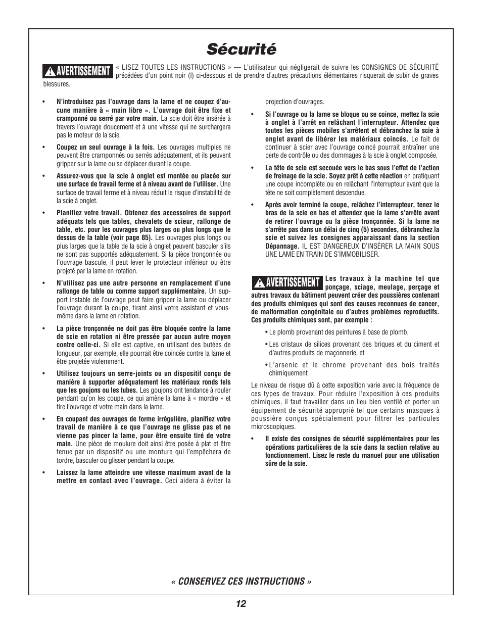 Sécurité, Avertissement | Bosch 3912 User Manual | Page 12 / 84