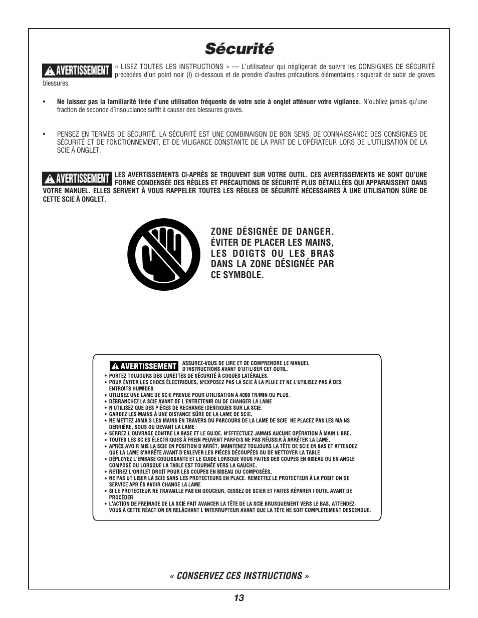 Sécurité, Avertissement | Bosch 3912 User Manual | Page 13 / 84