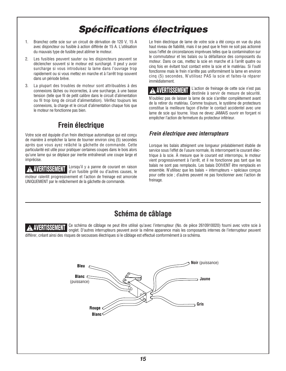 Spécifications électriques, Frein électrique, Avertissement | Schéma de câblage | Bosch 3912 User Manual | Page 15 / 84