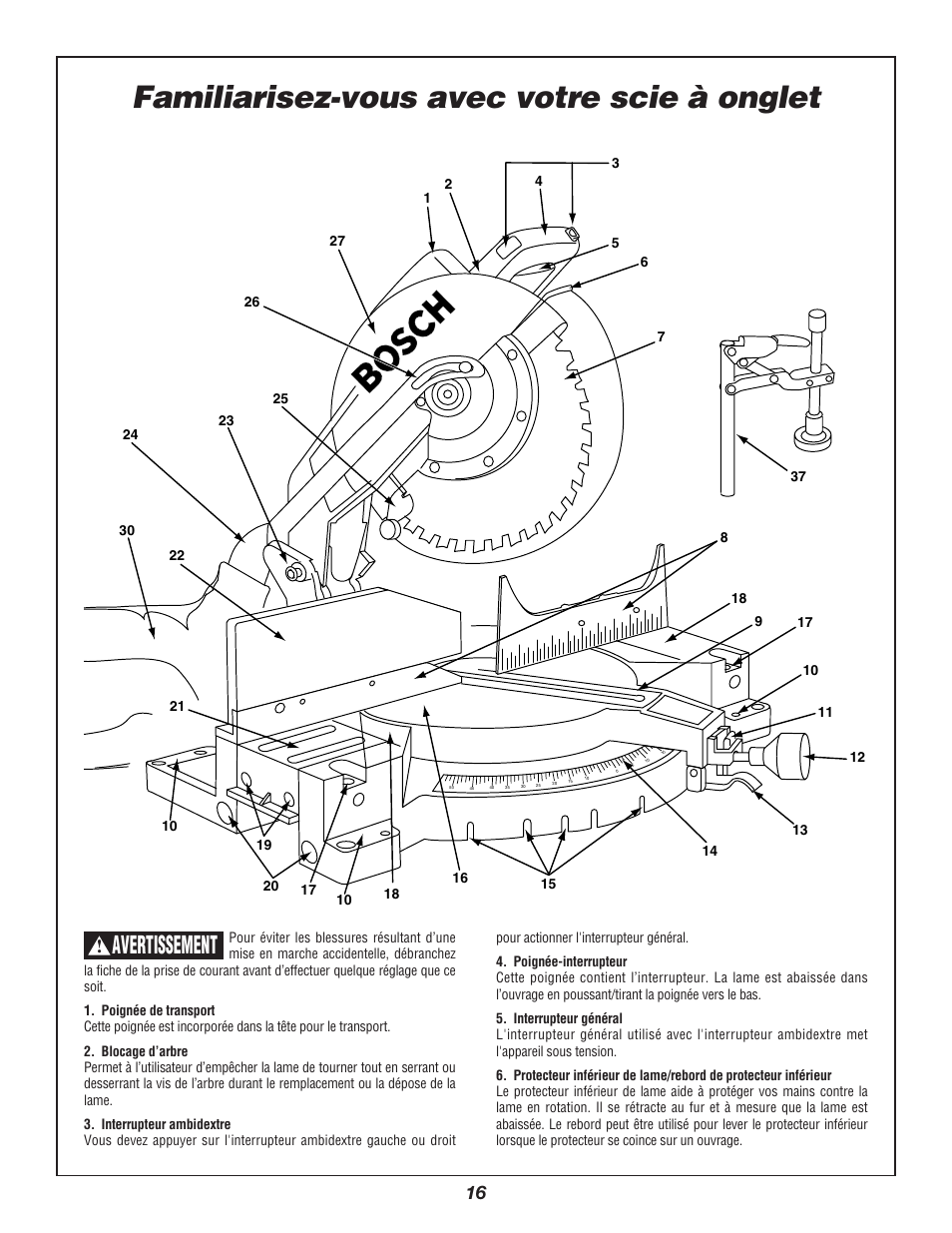 Familiarisez-vous avec votre scie à onglet, Avertissement | Bosch 3912 User Manual | Page 16 / 84