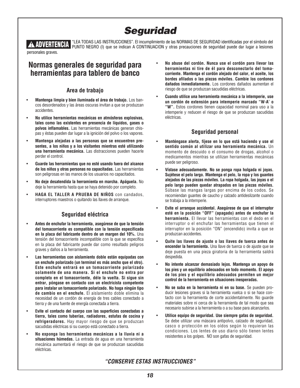 Seguridad, Advertencia | Bosch 3912 User Manual | Page 18 / 84