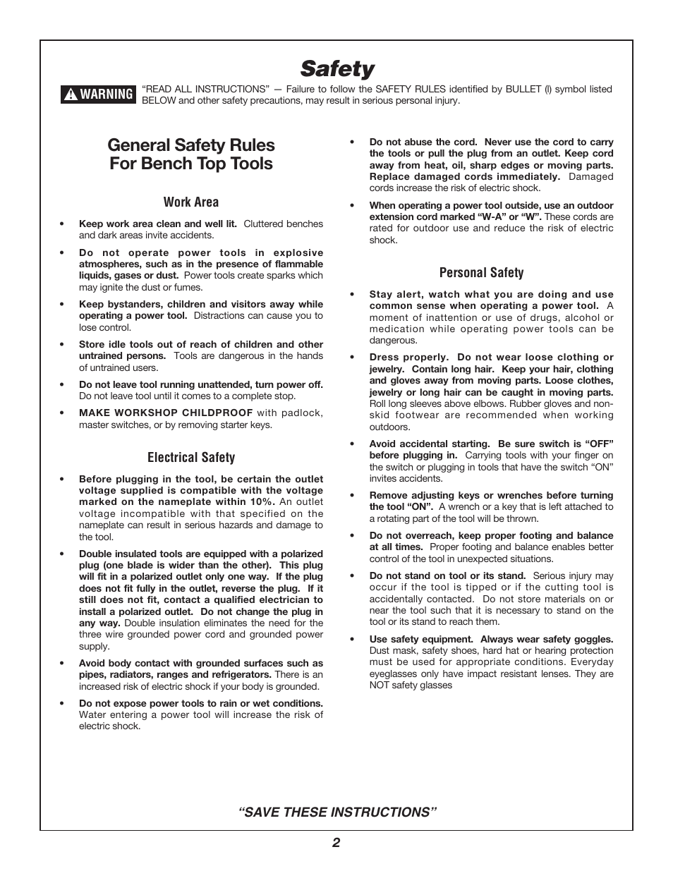 Safety, General safety rules for bench top tools | Bosch 3912 User Manual | Page 2 / 84