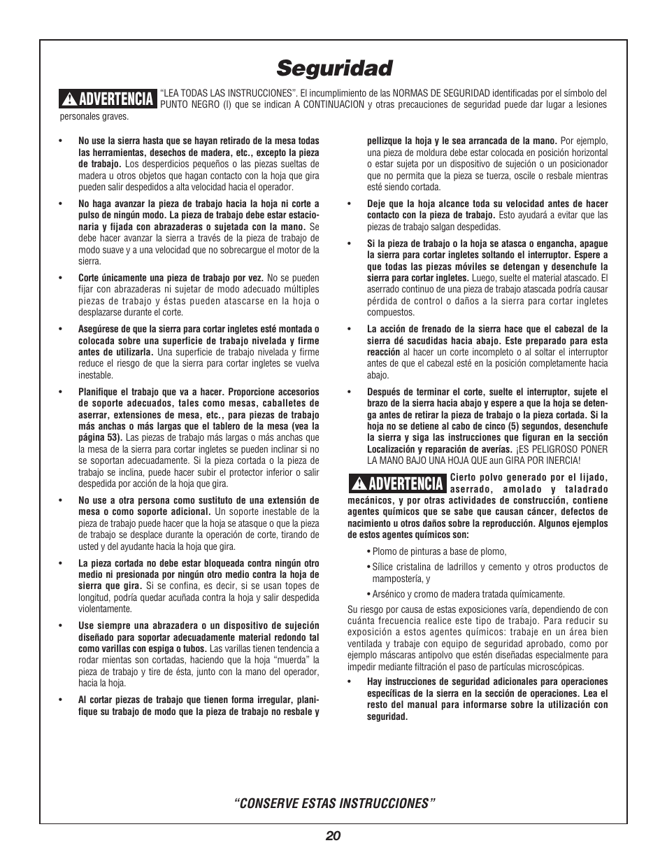 Seguridad, Advertencia | Bosch 3912 User Manual | Page 20 / 84