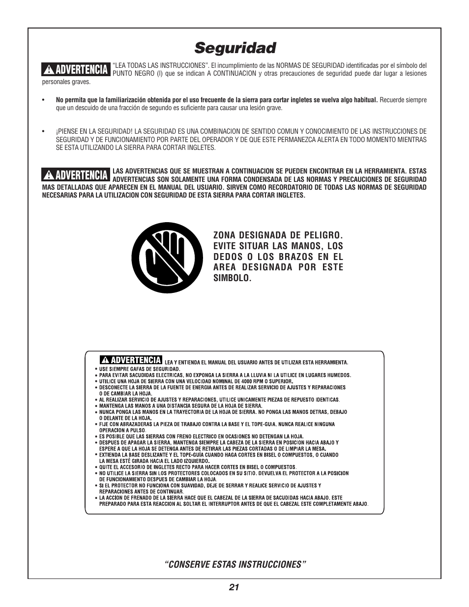 Seguridad, Advertencia | Bosch 3912 User Manual | Page 21 / 84