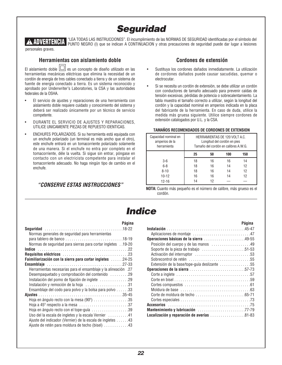 Seguridad, Indice, Advertencia | 22 herramientas con aislamiento doble, Cordones de extensión, Conserve estas instrucciones | Bosch 3912 User Manual | Page 22 / 84