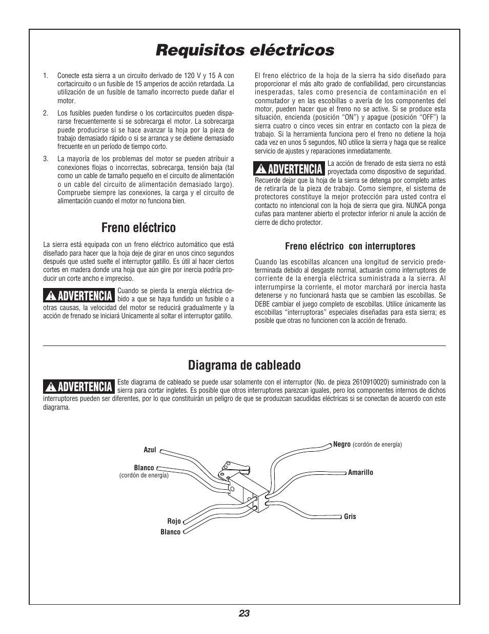 Requisitos eléctricos, Freno eléctrico, Advertencia | Diagrama de cableado | Bosch 3912 User Manual | Page 23 / 84