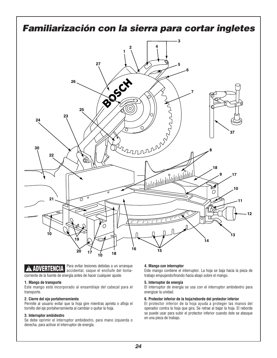 Familiarización con la sierra para cortar ingletes, Advertencia | Bosch 3912 User Manual | Page 24 / 84