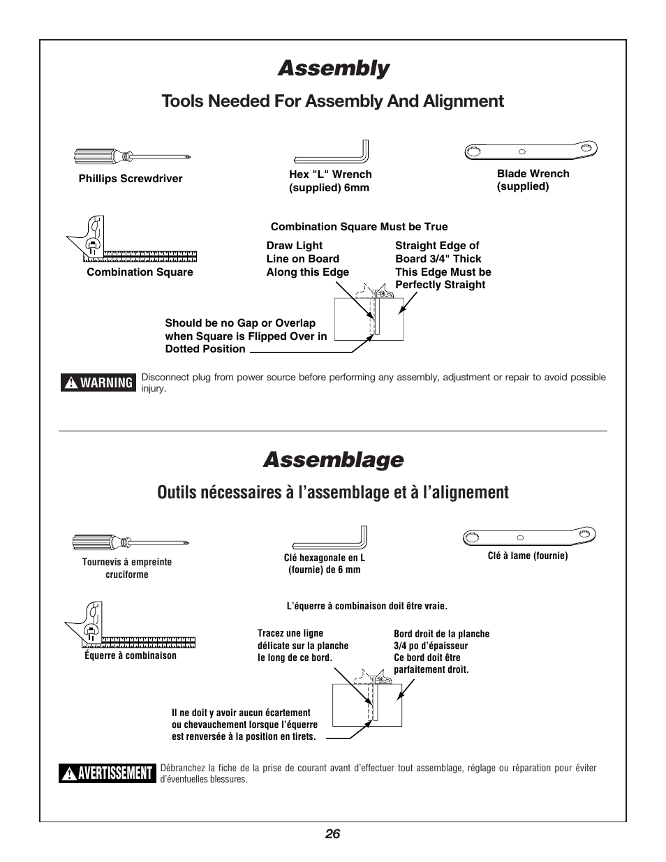 Assembly, Assemblage, Tools needed for assembly and alignment | Avertissement | Bosch 3912 User Manual | Page 26 / 84