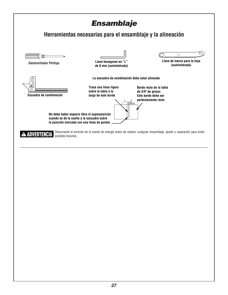 Ensamblaje, Advertencia | Bosch 3912 User Manual | Page 27 / 84