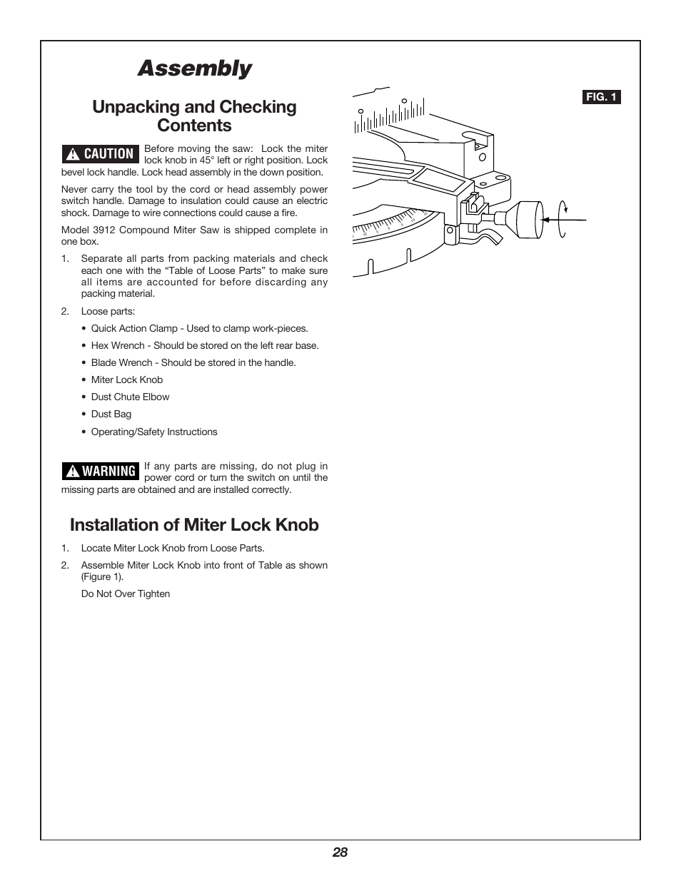 Assembly, Unpacking and checking contents, Installation of miter lock knob | Warning, Caution | Bosch 3912 User Manual | Page 28 / 84