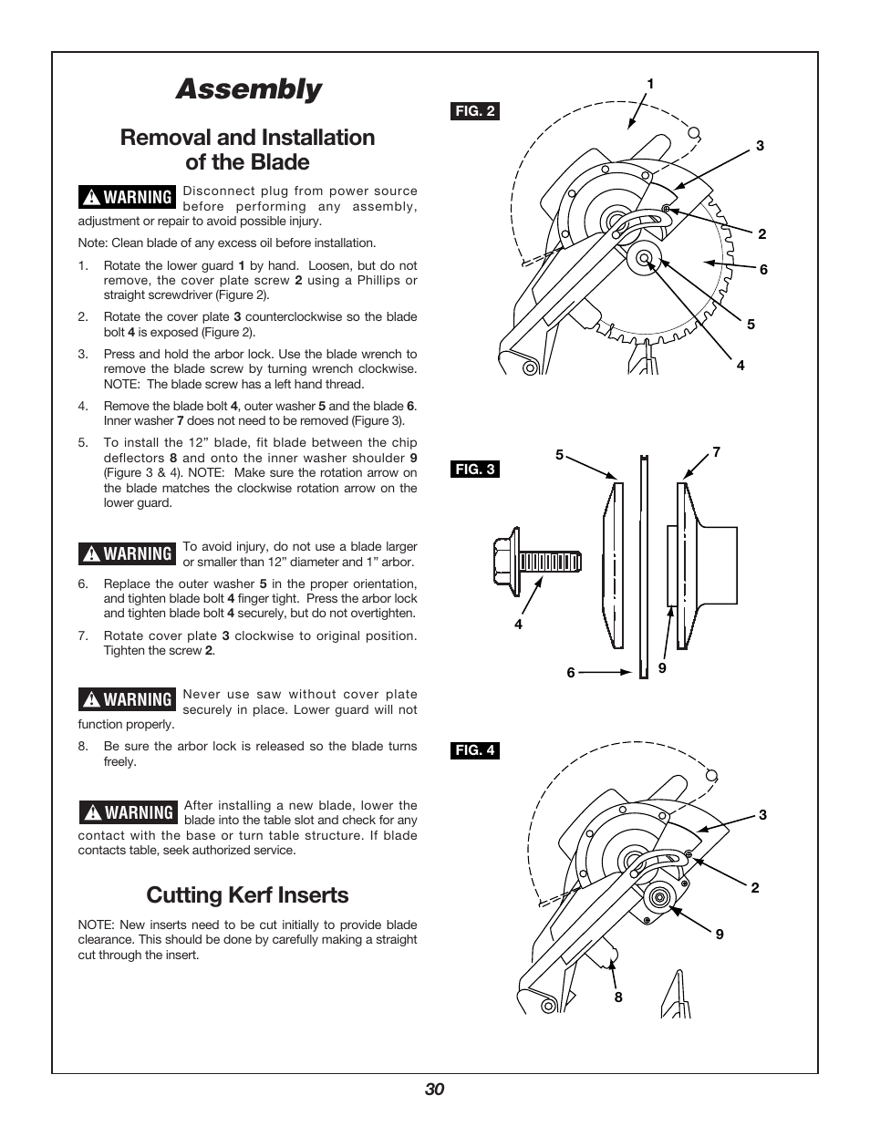 Assembly, Removal and installation of the blade, Cutting kerf inserts | Bosch 3912 User Manual | Page 30 / 84