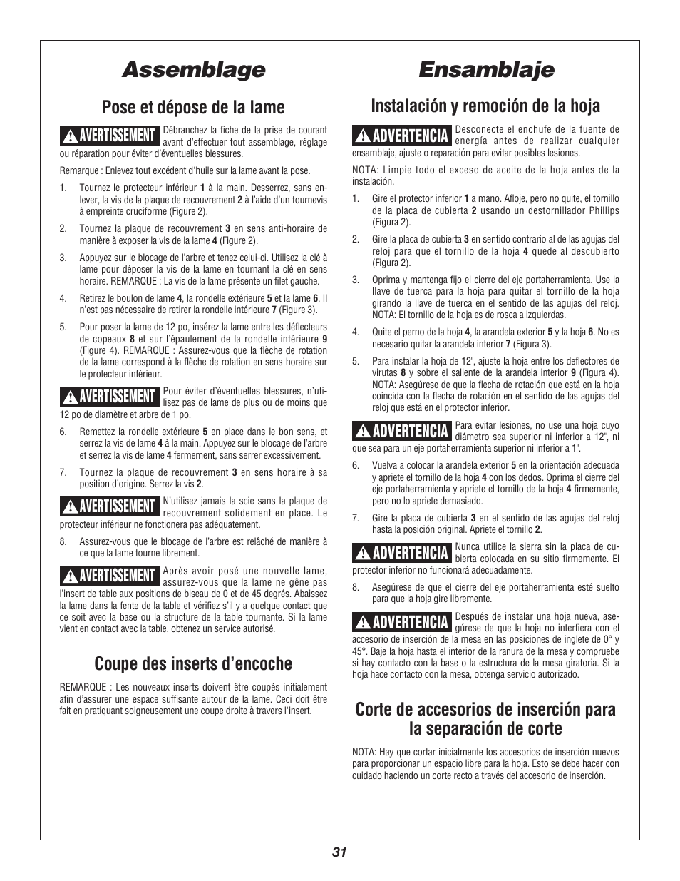 Ensamblaje, Assemblage, Instalación y remoción de la hoja | Advertencia, Pose et dépose de la lame, Coupe des inserts d’encoche, Avertissement | Bosch 3912 User Manual | Page 31 / 84