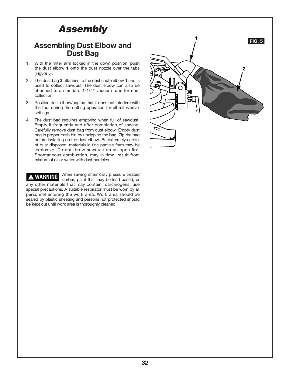 Assembly, Assembling dust elbow and dust bag | Bosch 3912 User Manual | Page 32 / 84