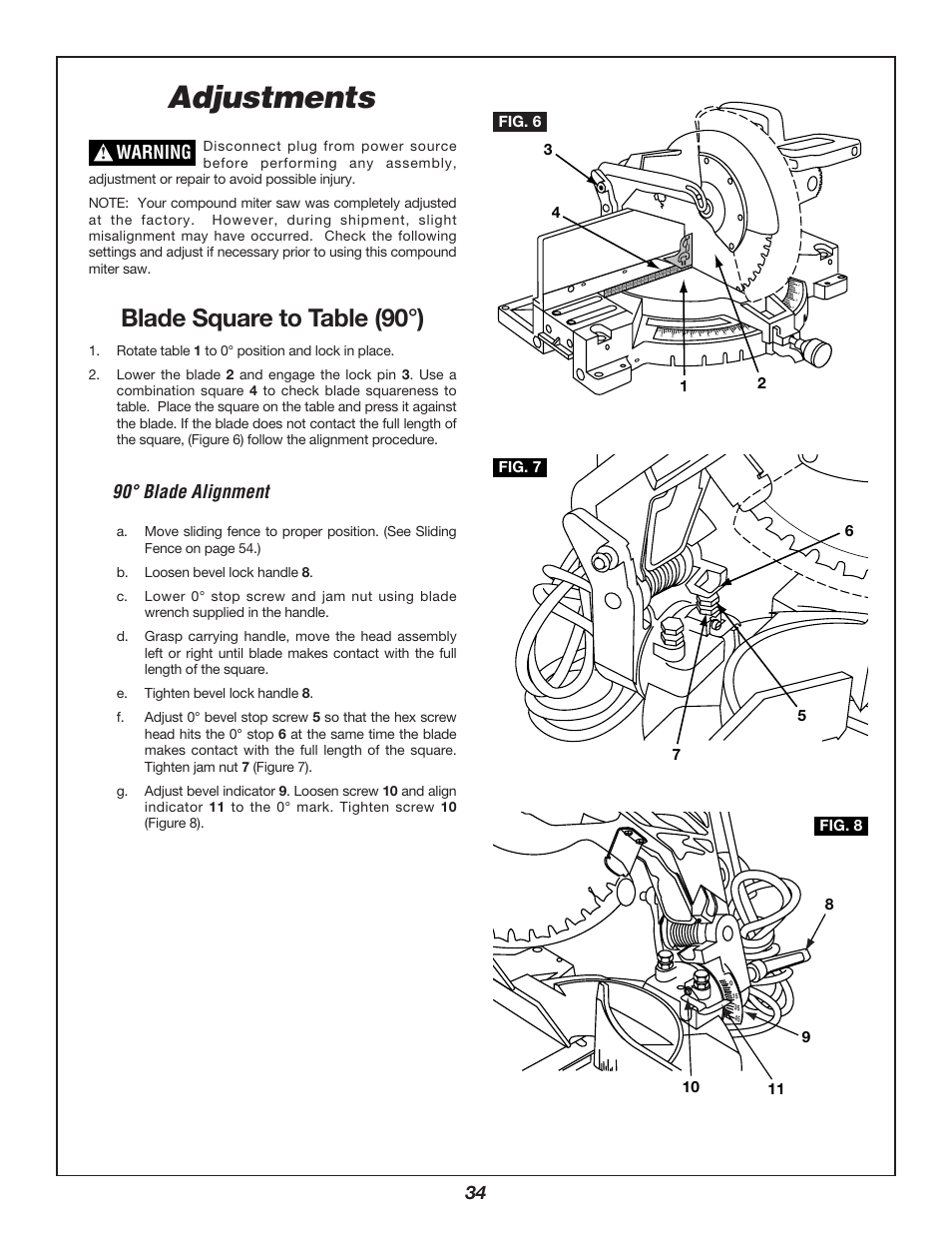 Adjustments, Blade square to table (90°), 90° blade alignment | Warning | Bosch 3912 User Manual | Page 34 / 84