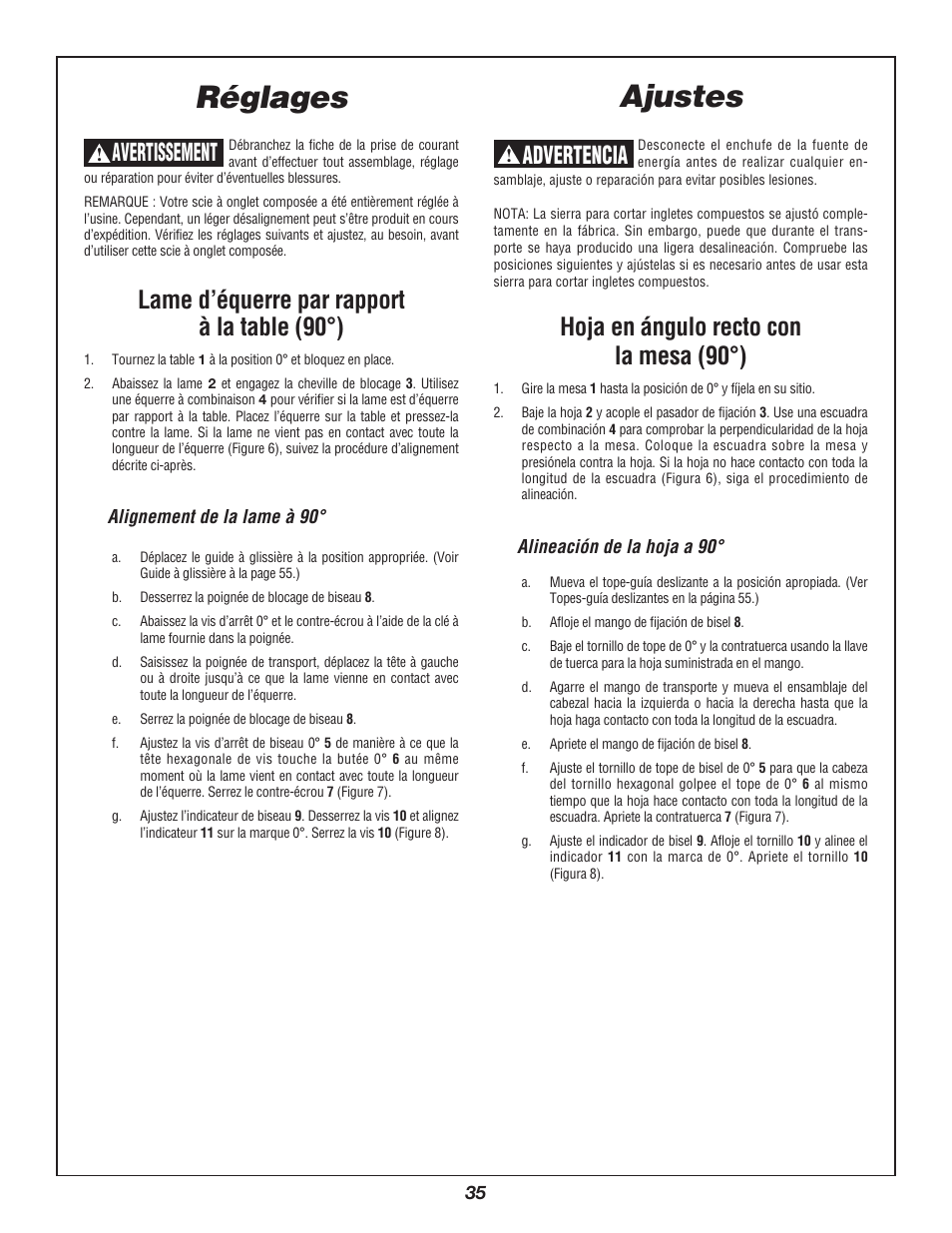 Ajustes, Réglages, Hoja en ángulo recto con la mesa (90°) | Advertencia, Lame d’équerre par rapport à la table (90°), Avertissement | Bosch 3912 User Manual | Page 35 / 84