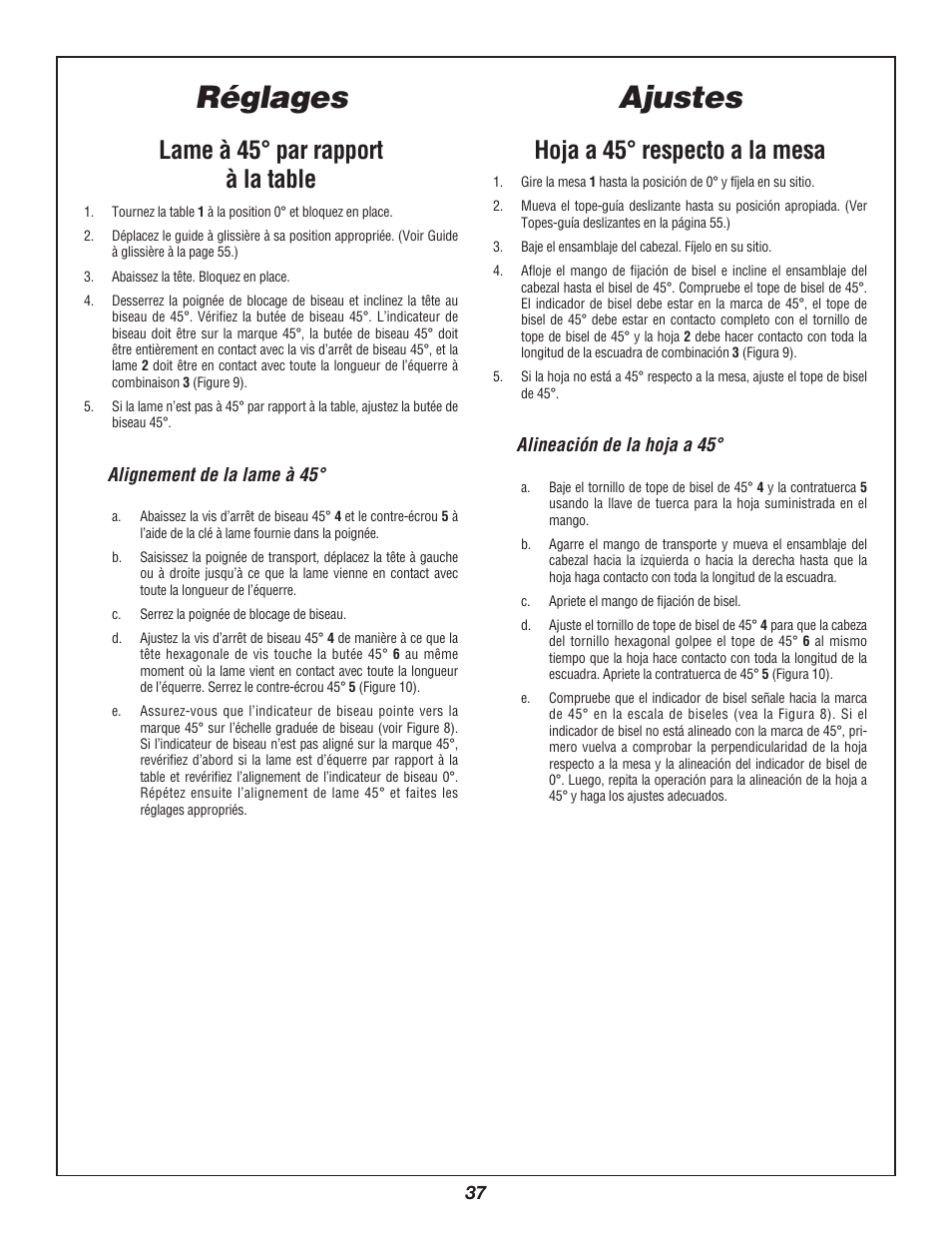 Ajustes, Réglages, Hoja a 45° respecto a la mesa | Lame à 45° par rapport à la table | Bosch 3912 User Manual | Page 37 / 84