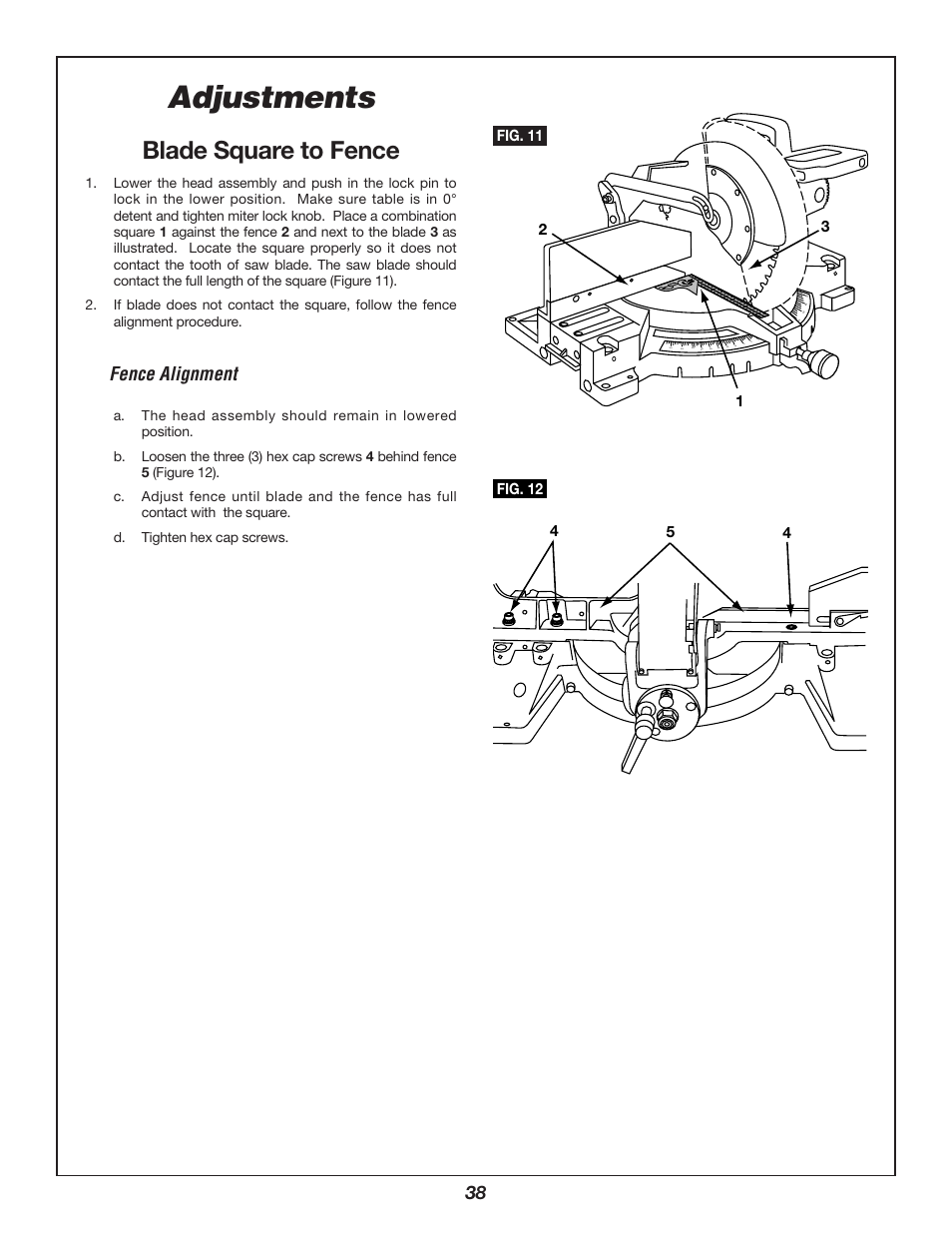 Adjustments, Blade square to fence, Fence alignment | Bosch 3912 User Manual | Page 38 / 84