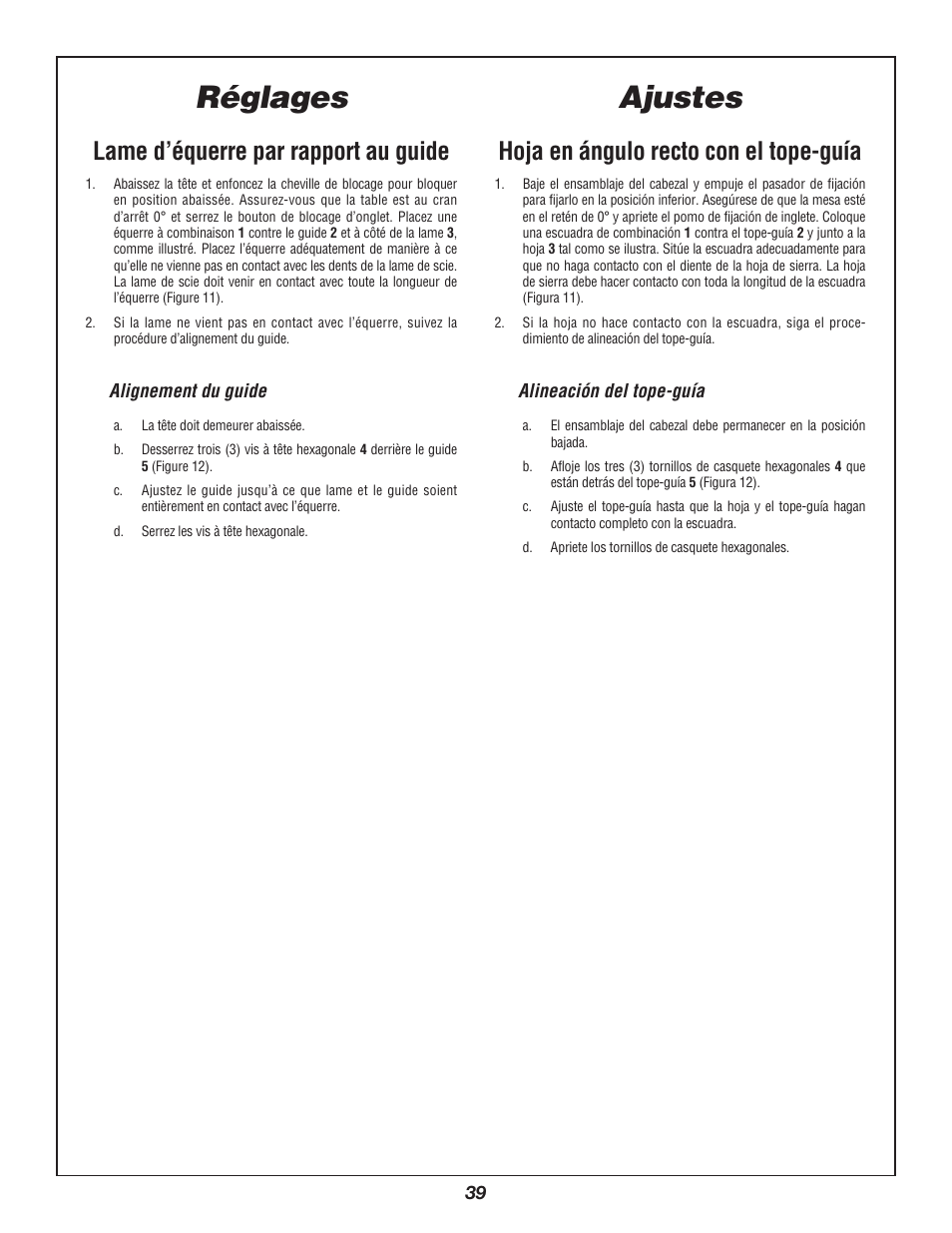 Ajustes, Réglages, Hoja en ángulo recto con el tope-guía | Lame d’équerre par rapport au guide | Bosch 3912 User Manual | Page 39 / 84