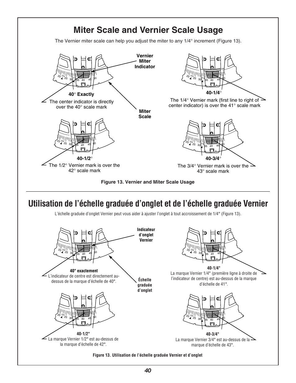 Miter scale and vernier scale usage | Bosch 3912 User Manual | Page 40 / 84