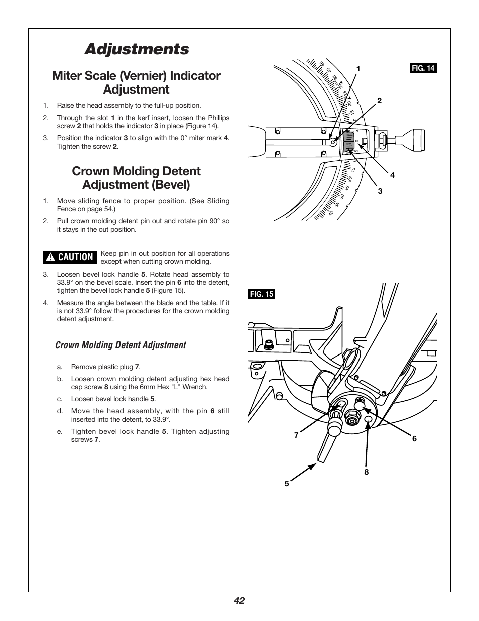 Adjustments, Miter scale (vernier) indicator adjustment, Crown molding detent adjustment (bevel) | Crown molding detent adjustment, Caution | Bosch 3912 User Manual | Page 42 / 84