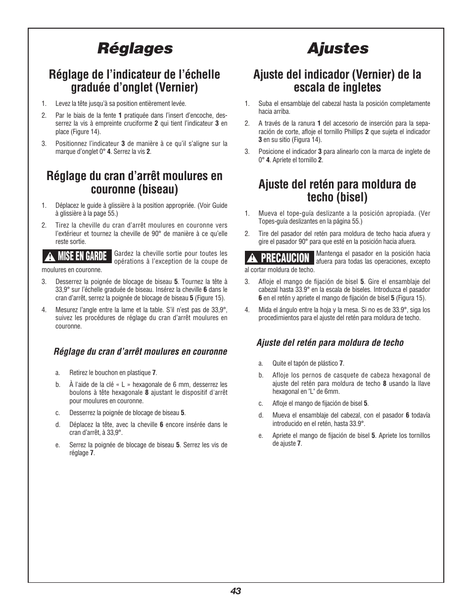 Ajustes, Réglages, Ajuste del retén para moldura de techo (bisel) | Precaucion, Mise en garde | Bosch 3912 User Manual | Page 43 / 84