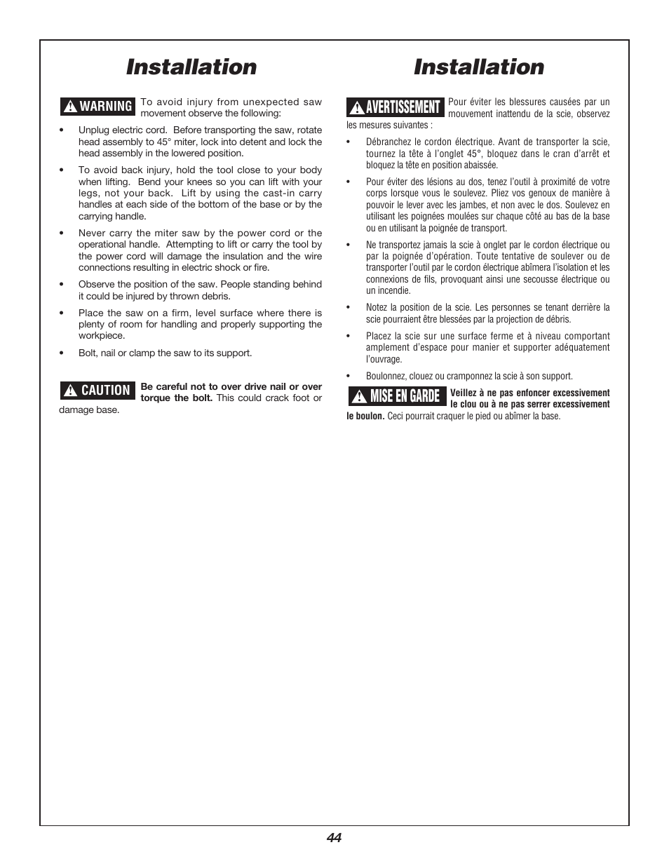 Installation, Avertissement, Mise en garde | Bosch 3912 User Manual | Page 44 / 84