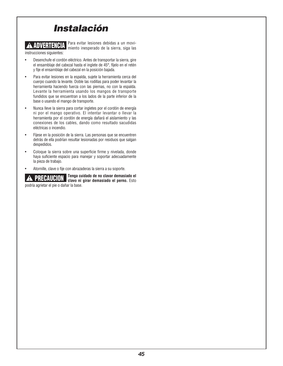 Instalación, Advertencia, Precaucion | Bosch 3912 User Manual | Page 45 / 84