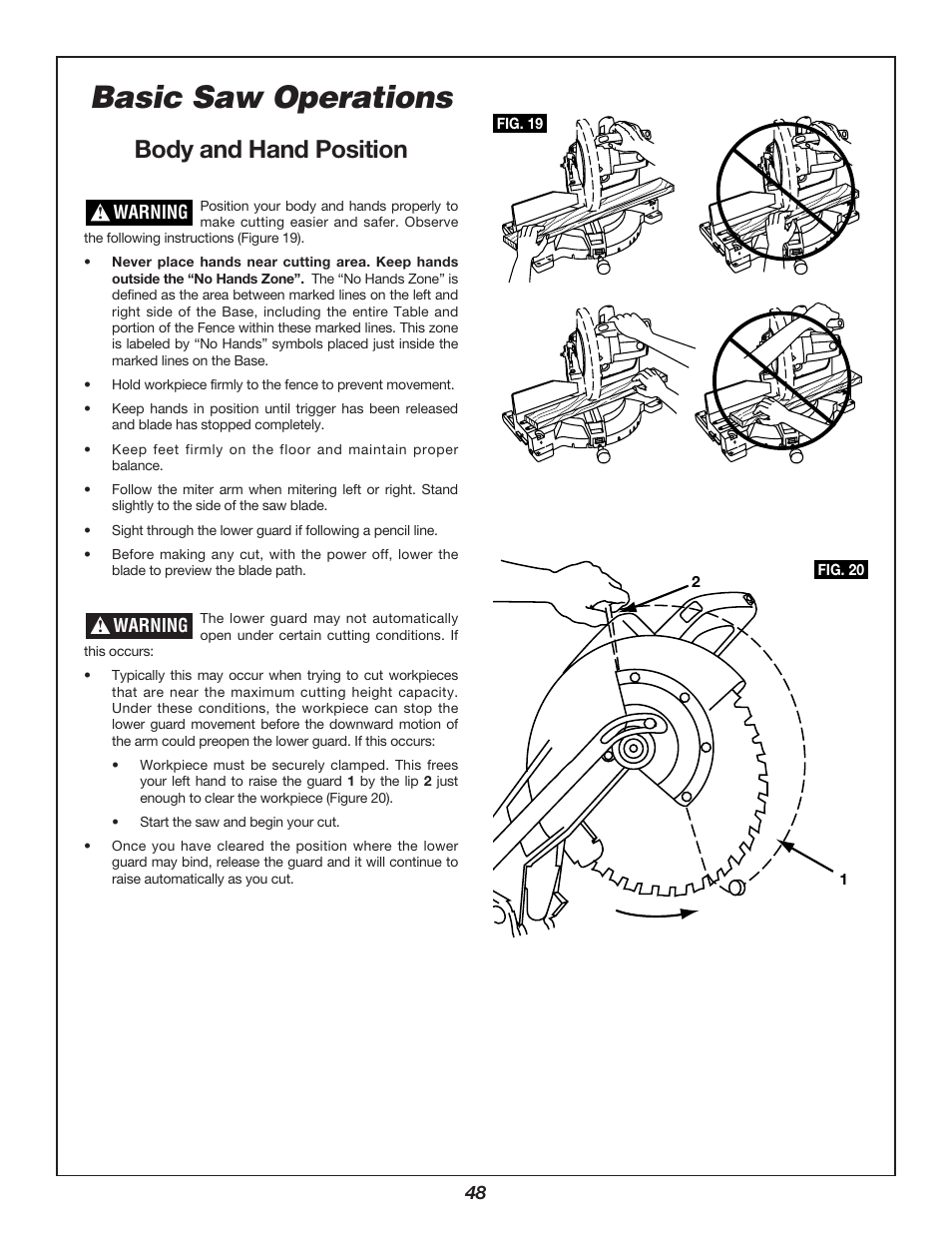 Basic saw operations, Body and hand position | Bosch 3912 User Manual | Page 48 / 84