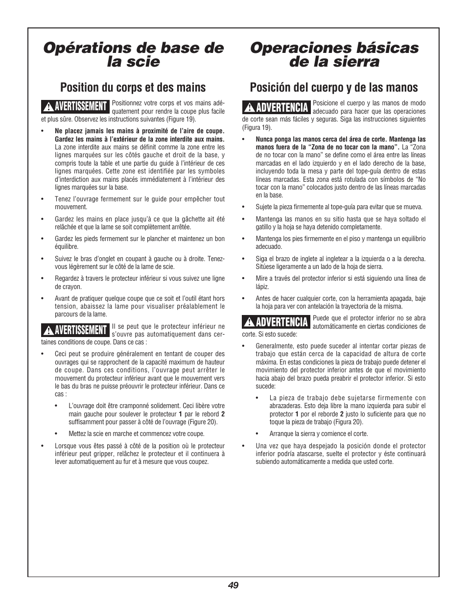 Opérations de base de la scie, Operaciones básicas de la sierra, Position du corps et des mains | Avertissement, Posición del cuerpo y de las manos, Advertencia | Bosch 3912 User Manual | Page 49 / 84