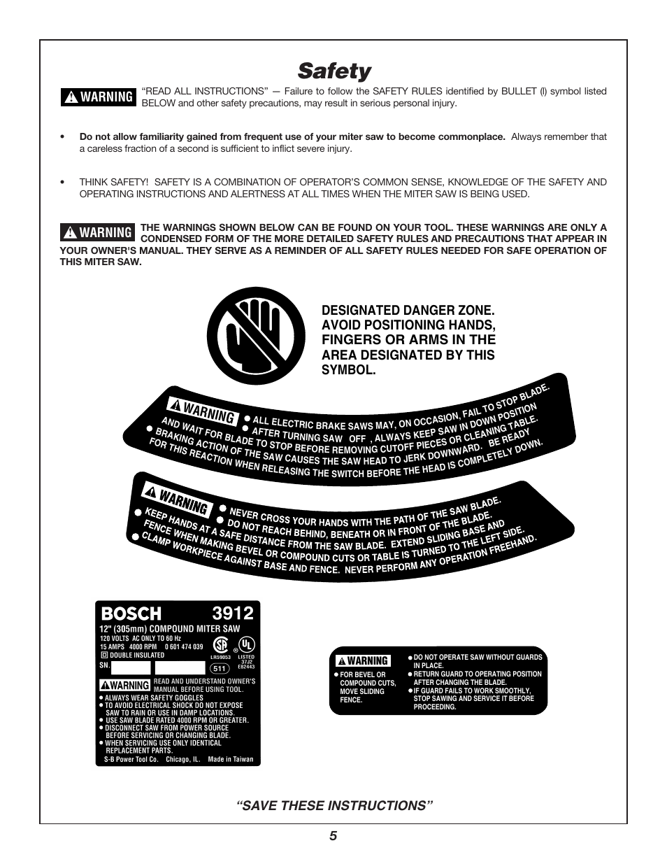 Safety, 5“save these instructions, Warnin | Warning | Bosch 3912 User Manual | Page 5 / 84