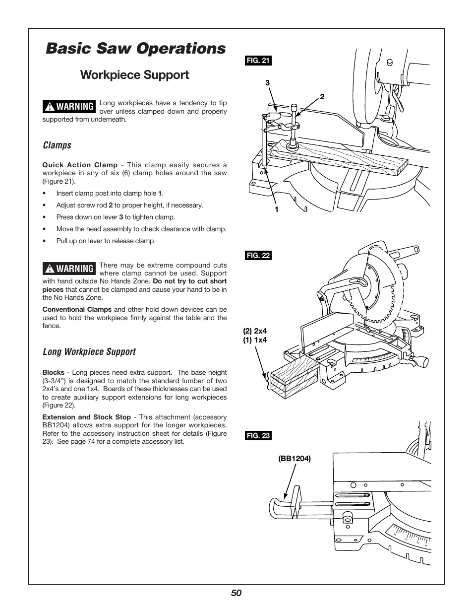 Basic saw operations, Workpiece support, Clamps | Long workpiece support, Warning | Bosch 3912 User Manual | Page 50 / 84