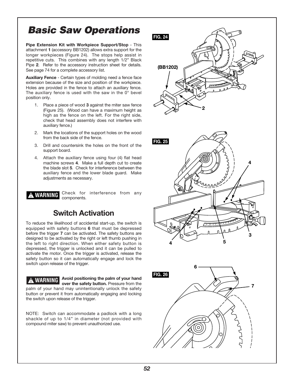 Basic saw operations, Switch activation, Warning | Bosch 3912 User Manual | Page 52 / 84