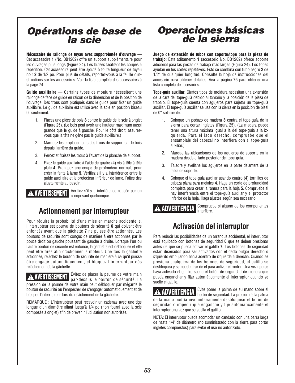 Opérations de base de la scie, Operaciones básicas de la sierra, Actionnement par interrupteur | Avertissement, Activación del interruptor, Advertencia | Bosch 3912 User Manual | Page 53 / 84