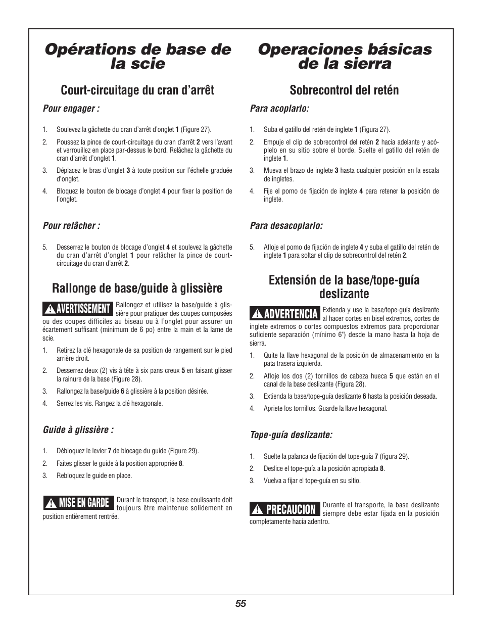 Opérations de base de la scie, Operaciones básicas de la sierra, Court-circuitage du cran d’arrêt | Rallonge de base/guide à glissière, Sobrecontrol del retén, Extensión de la base/tope-guía deslizante, Avertissement, Advertencia, Precaucion, Mise en garde | Bosch 3912 User Manual | Page 55 / 84