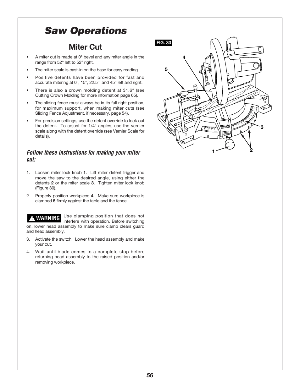 Saw operations, Miter cut, Warning | Bosch 3912 User Manual | Page 56 / 84