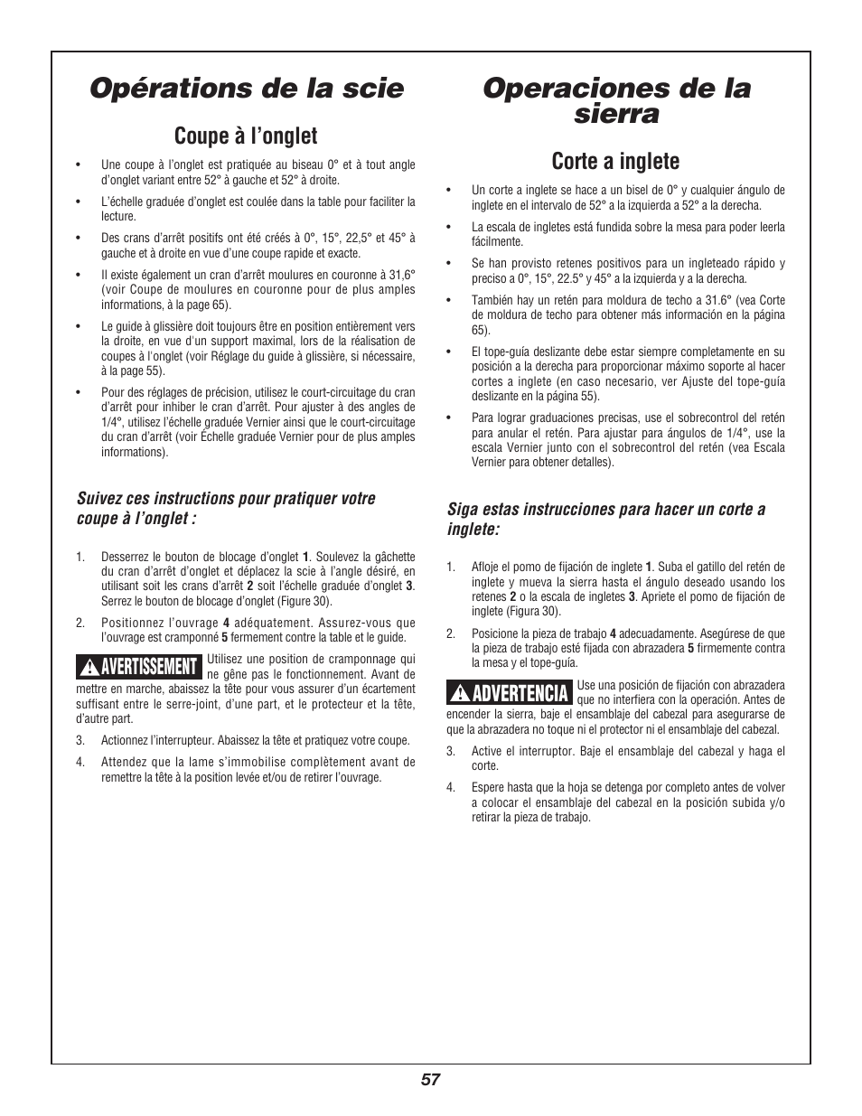 Opérations de la scie, Operaciones de la sierra, Coupe à l’onglet | Avertissement, Corte a inglete, Advertencia | Bosch 3912 User Manual | Page 57 / 84