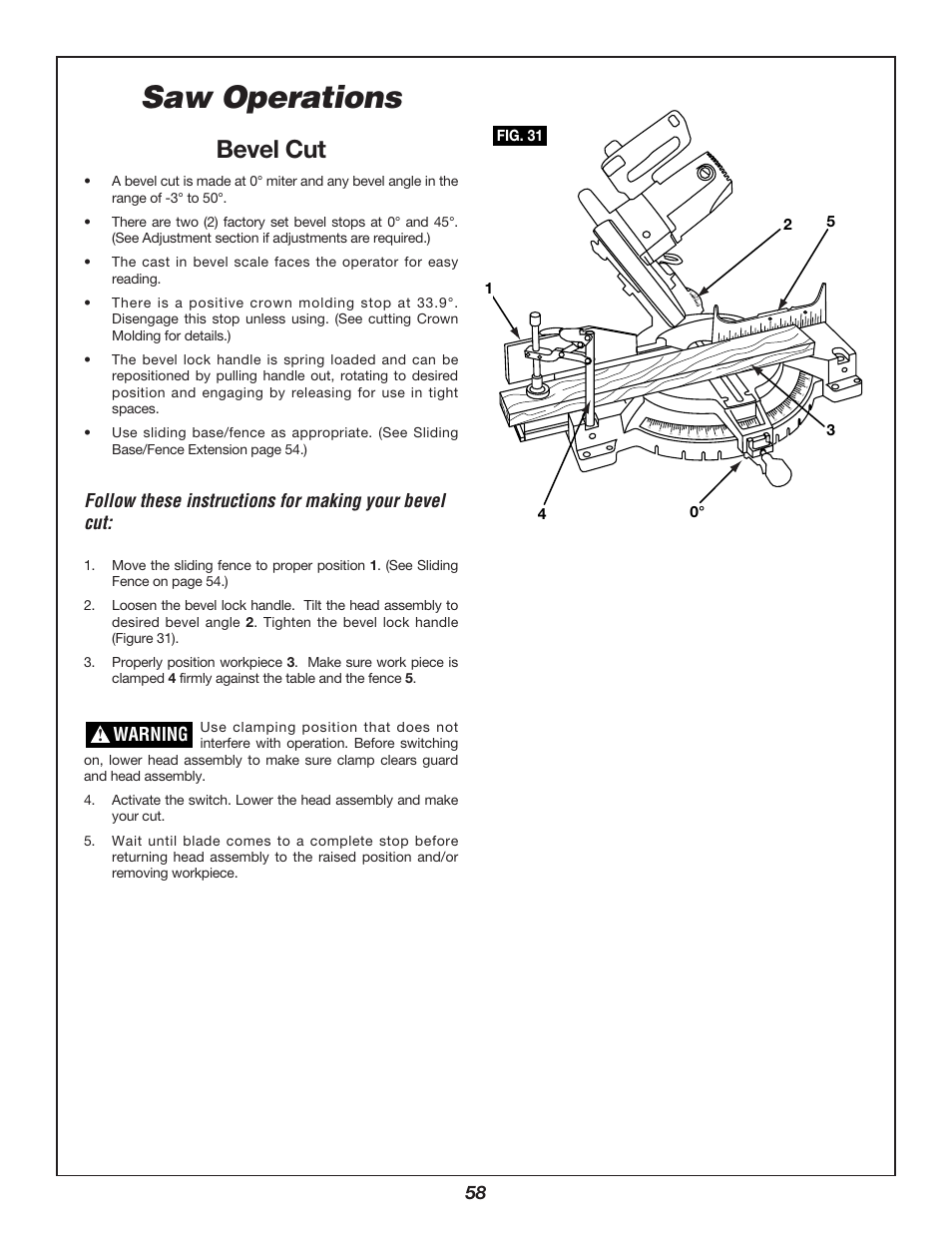 Saw operations, Bevel cut, Warning | Bosch 3912 User Manual | Page 58 / 84