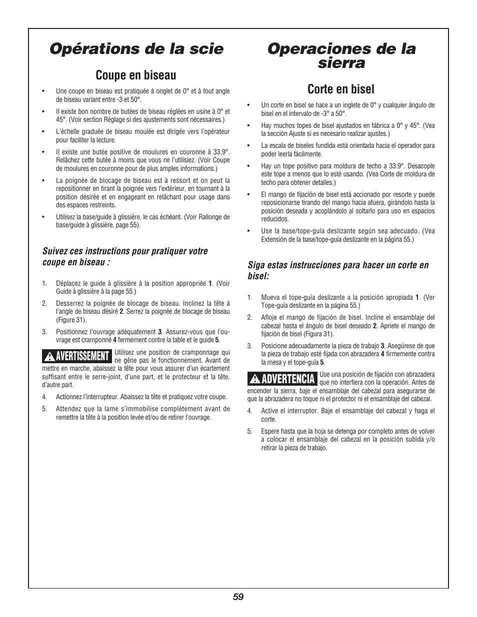 Operaciones de la sierra, Opérations de la scie, Coupe en biseau | Avertissement, Corte en bisel, Advertencia | Bosch 3912 User Manual | Page 59 / 84