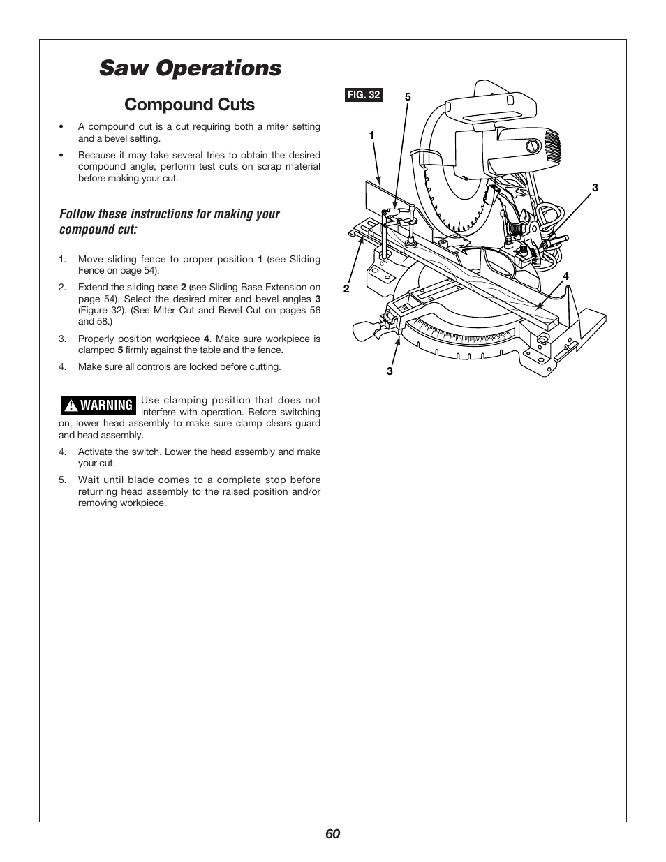 Saw operations, Compound cuts, Warning | Bosch 3912 User Manual | Page 60 / 84