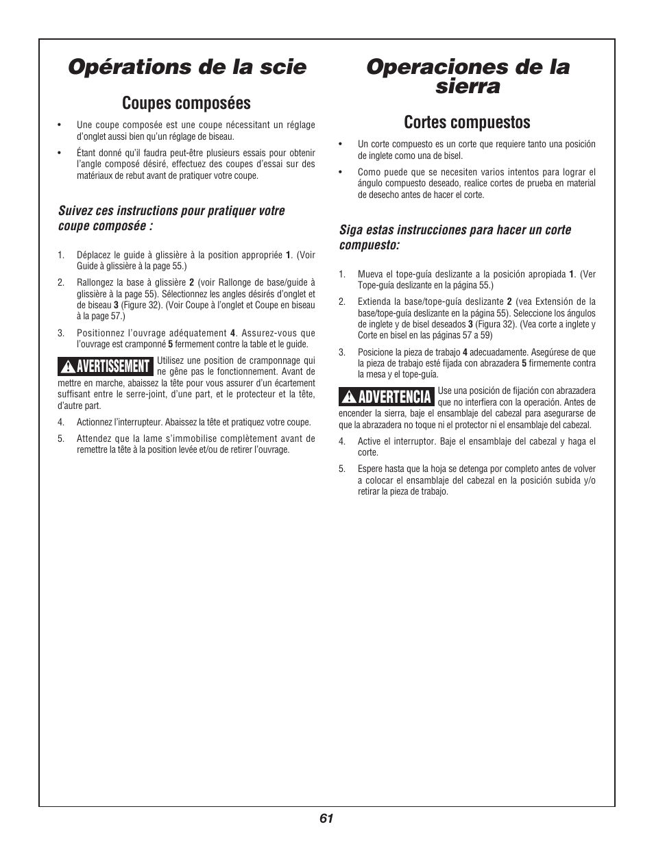 Opérations de la scie, Operaciones de la sierra, Coupes composées | Avertissement, Cortes compuestos, Advertencia | Bosch 3912 User Manual | Page 61 / 84