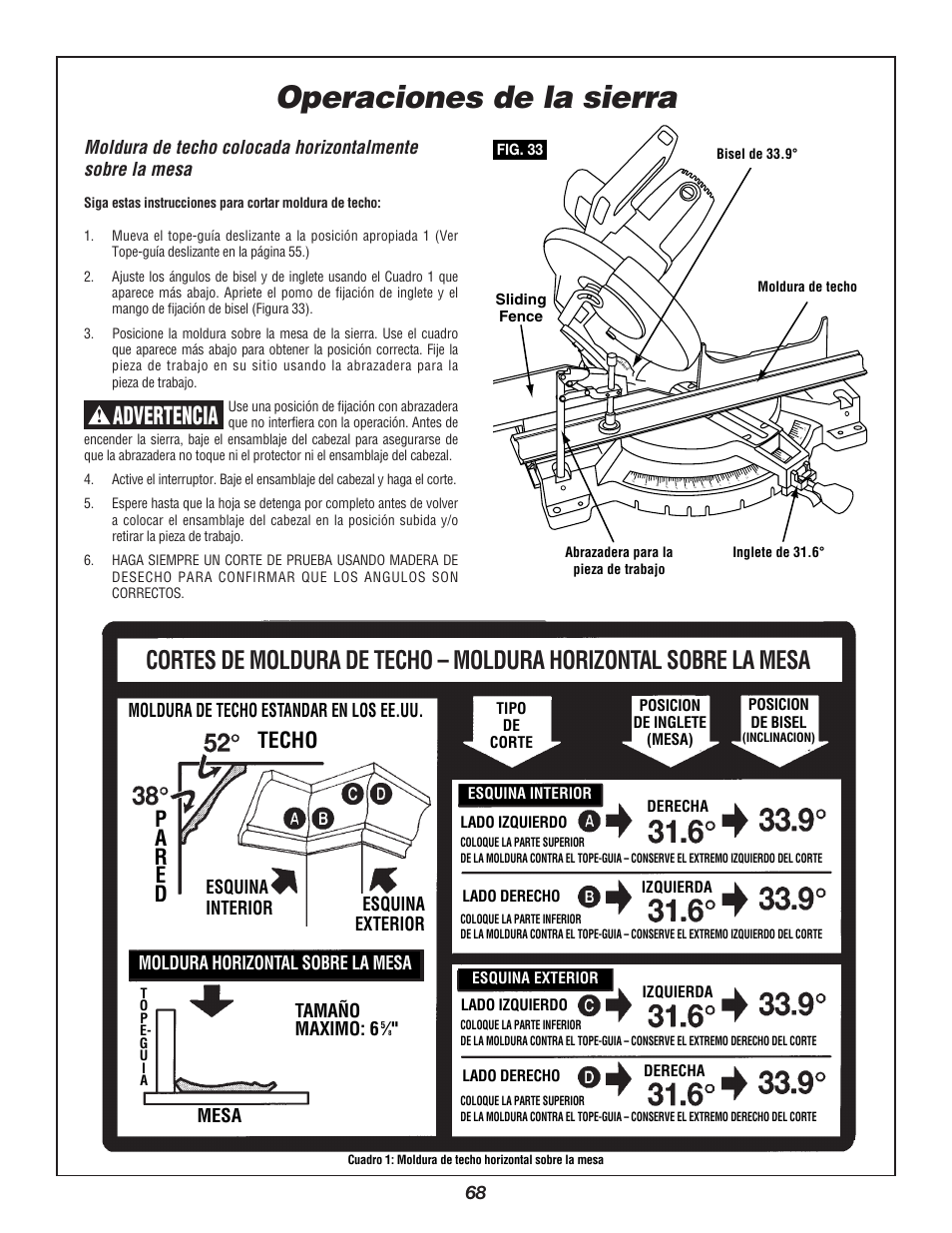 Operaciones de la sierra, Advertencia, Moldura de techo estandar en los ee.uu | Tamaño maximo: 6, Mesa | Bosch 3912 User Manual | Page 68 / 84