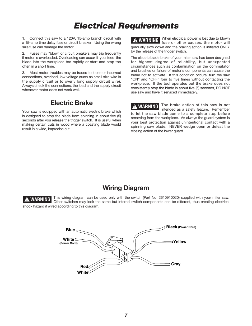 Electrical requirements, Wiring diagram, Electric brake | Bosch 3912 User Manual | Page 7 / 84