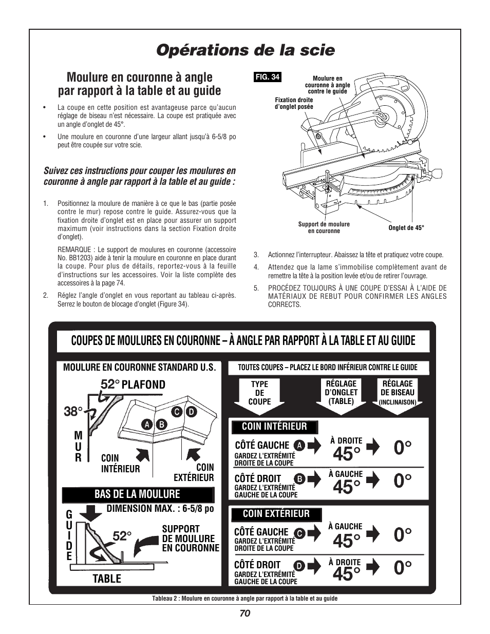 Opérations de la scie, Bas de la moulure, Plafond m u r | Bosch 3912 User Manual | Page 70 / 84