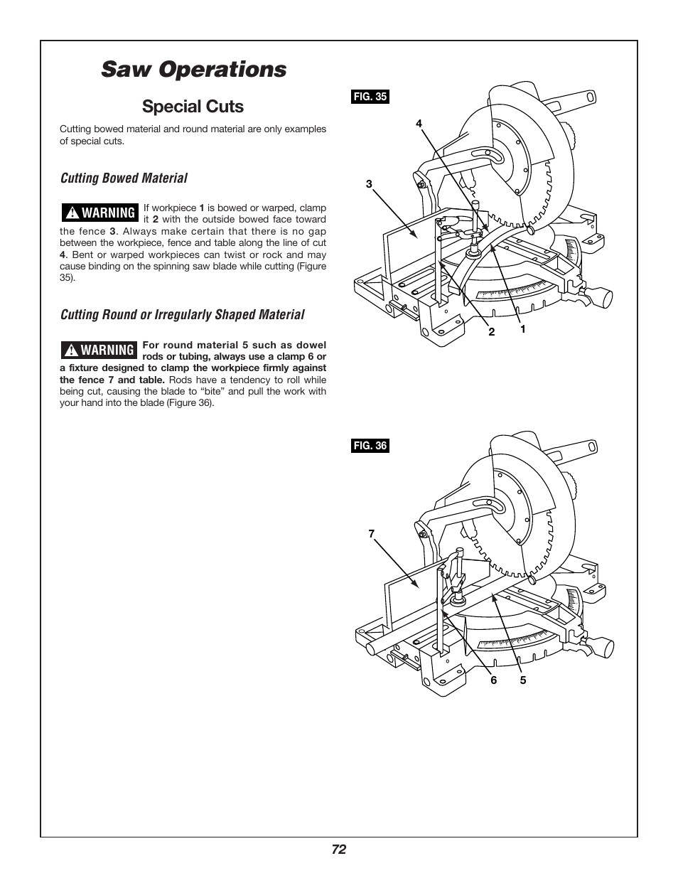 Saw operations, Special cuts, Cutting bowed material | Cutting round or irregularly shaped material, Warning | Bosch 3912 User Manual | Page 72 / 84