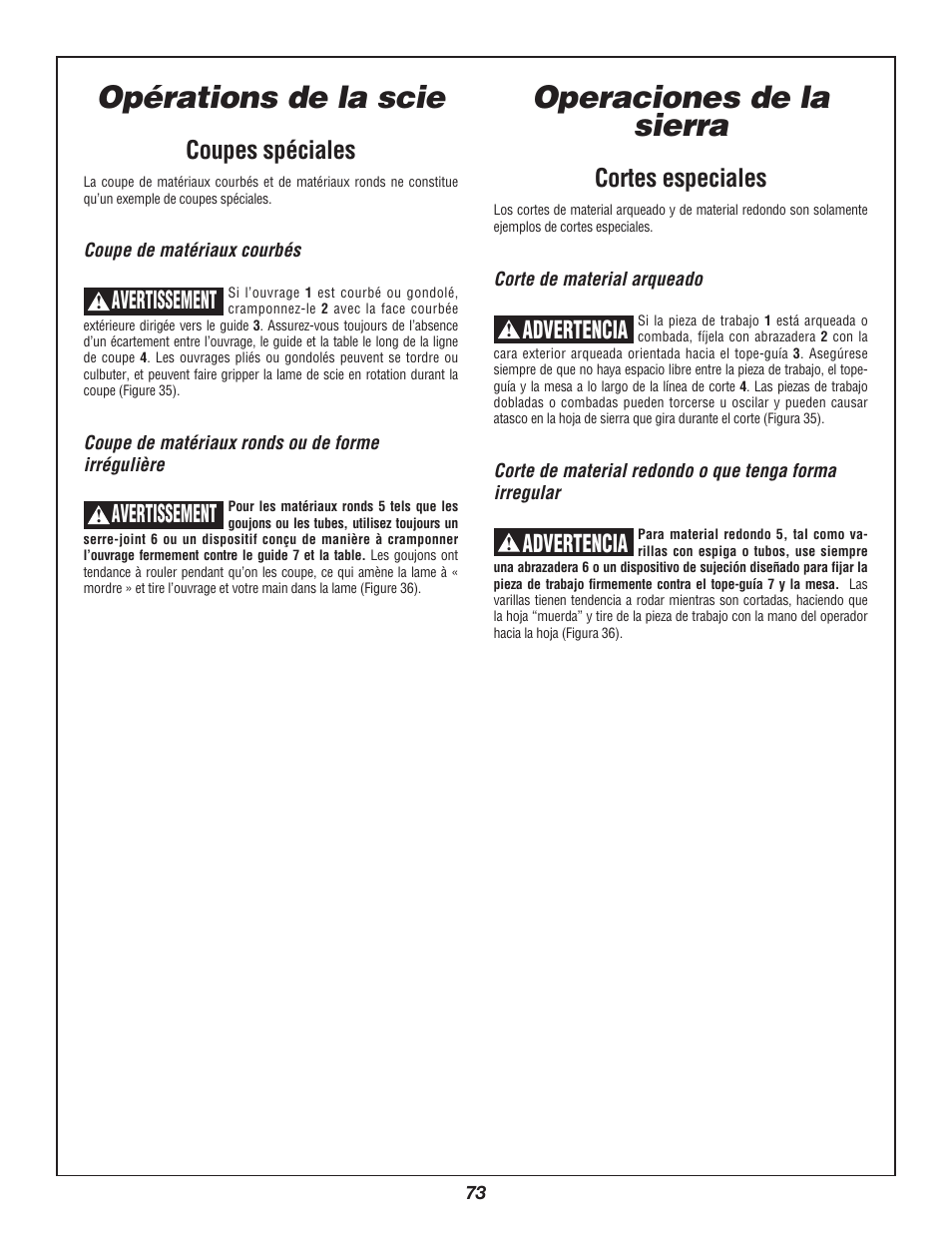 Opérations de la scie operaciones de la sierra, Coupes spéciales, Avertissement | Cortes especiales, Advertencia | Bosch 3912 User Manual | Page 73 / 84