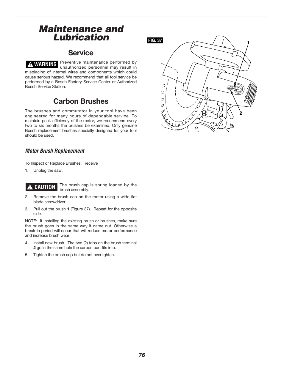 Maintenance and lubrication, Service, Carbon brushes | Bosch 3912 User Manual | Page 76 / 84