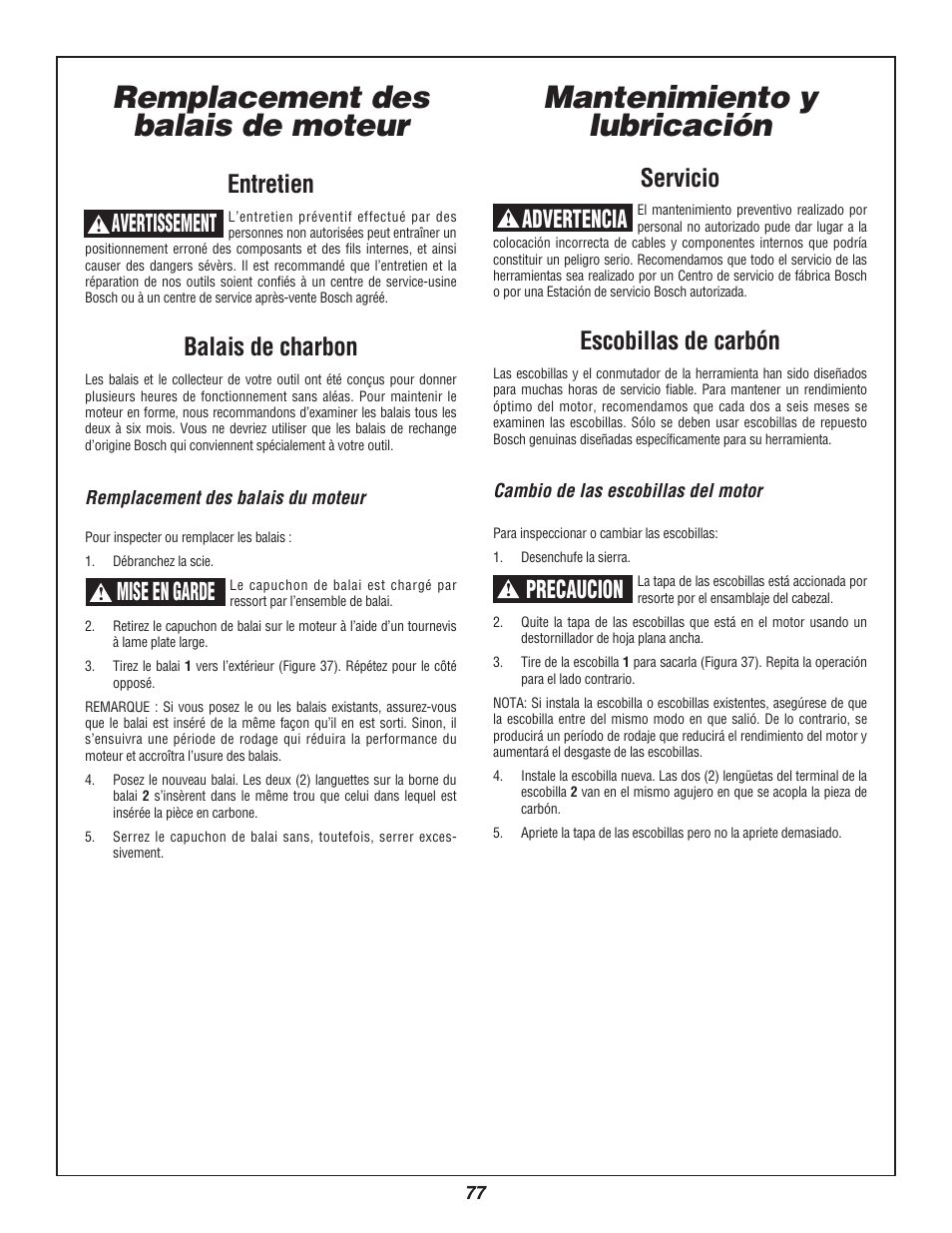 Remplacement des balais de moteur, Mantenimiento y lubricación, Entretien | Balais de charbon, Avertissement, Servicio, Escobillas de carbón, Advertencia, Precaucion, Mise en garde | Bosch 3912 User Manual | Page 77 / 84